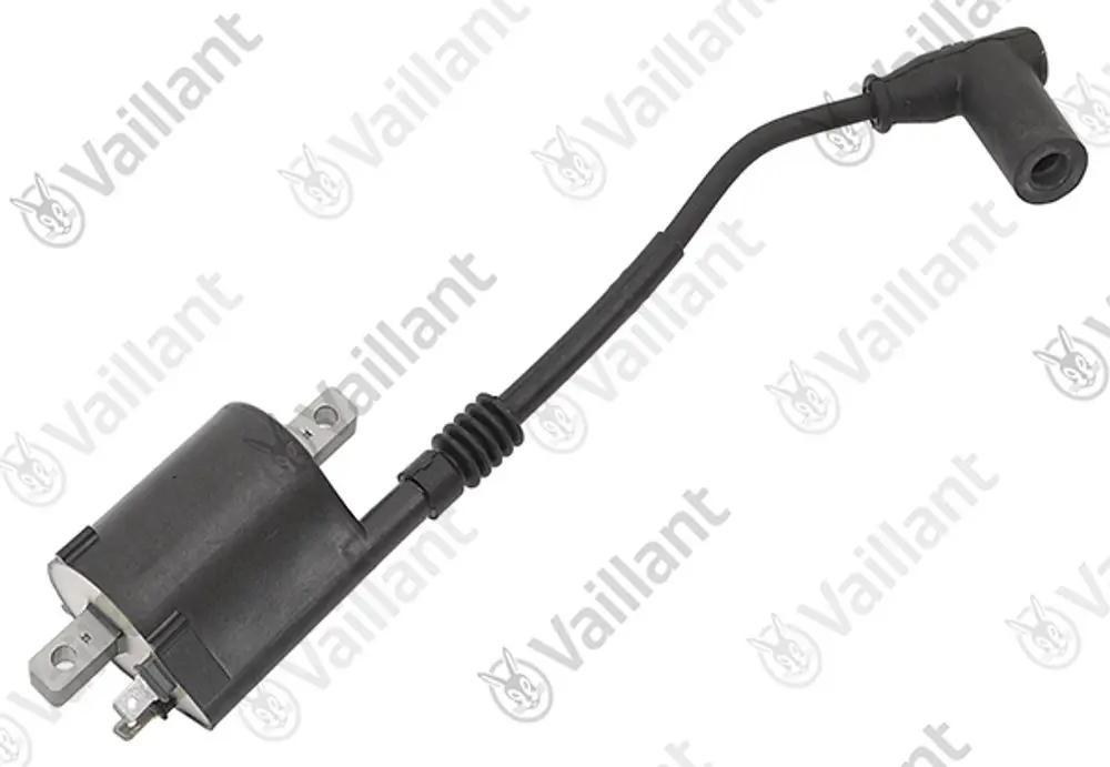 Vaillant Zündspule mit Kabelanschluss, in schwarzer Ausführung, mit zwei Befestigungspunkten und Anschluss für die Zündung.